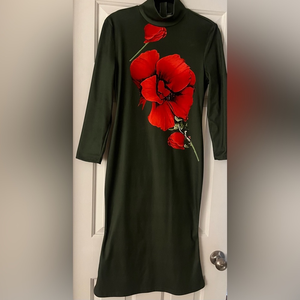 STYLEWE Green Dress with Red Floral Design